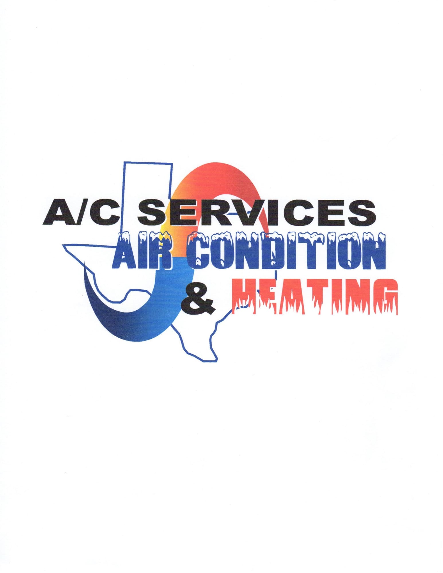A/C Services logo featuring Texas map in blue with red sun and icicles, text reads Air Condition & Heating