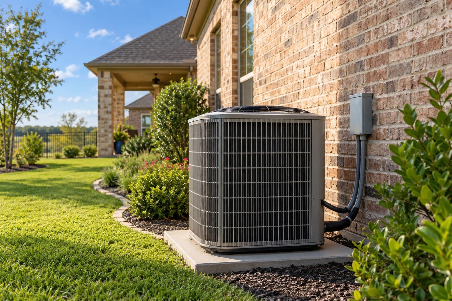 Outdoor AC unit installed against brick home exterior with landscaping