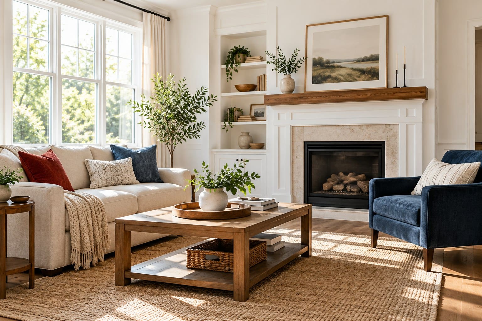 Bright living room with beige sofa, blue armchair, fireplace, wood coffee table and large windows