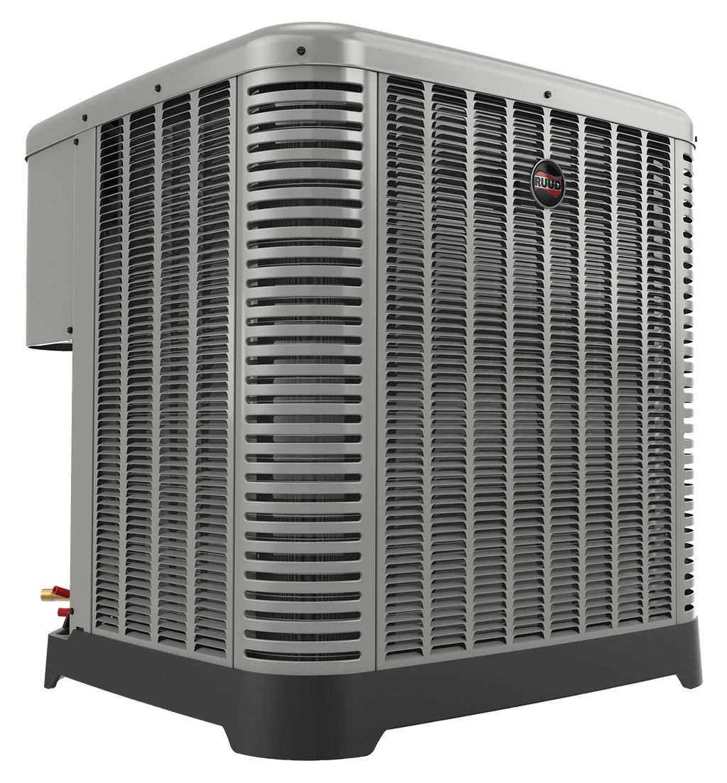 Ruud brand air conditioning unit with gray metal cabinet and horizontal louvered fins